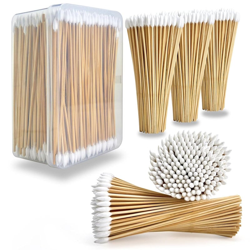 UrbanAbode Store 500PCS 6" Long Cotton Swabs in Storage Box - Strong Cleaning Swab with Bamboo Handle - Lint Free Cotton Swabs with Wooden Sticks - Cotton Tipped Applicators for Gun Cleaning, Makeup Removing, Pet Care - Image 1